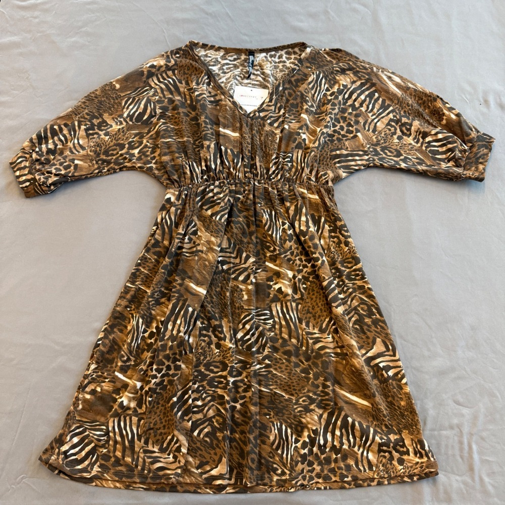 One & One Womens Animal Print V-Neck Dress Brown Zebra Leopard Split Sleeve S